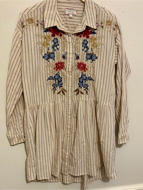 Johnny Was Workshop Striped Embroidered Long Sleeve Tunic Top Sz M Medium